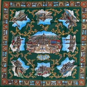 NWOT Vintage Green Scarf with Rome Cityscape Design